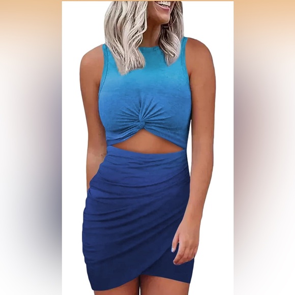 Dresses & Skirts - Sleeveless Hollow Out Twist Bodycon Wrap Mini Dress Ombré Blue Small